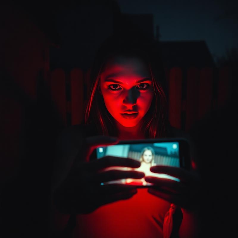 Woman lit by phone screen at night